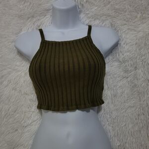 Forever 21 Distressed Olive Ribbed Cropped Tank Top Camisole Womens M